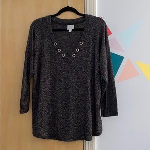 Black and Grey Heathered V-neck Thin Sweater